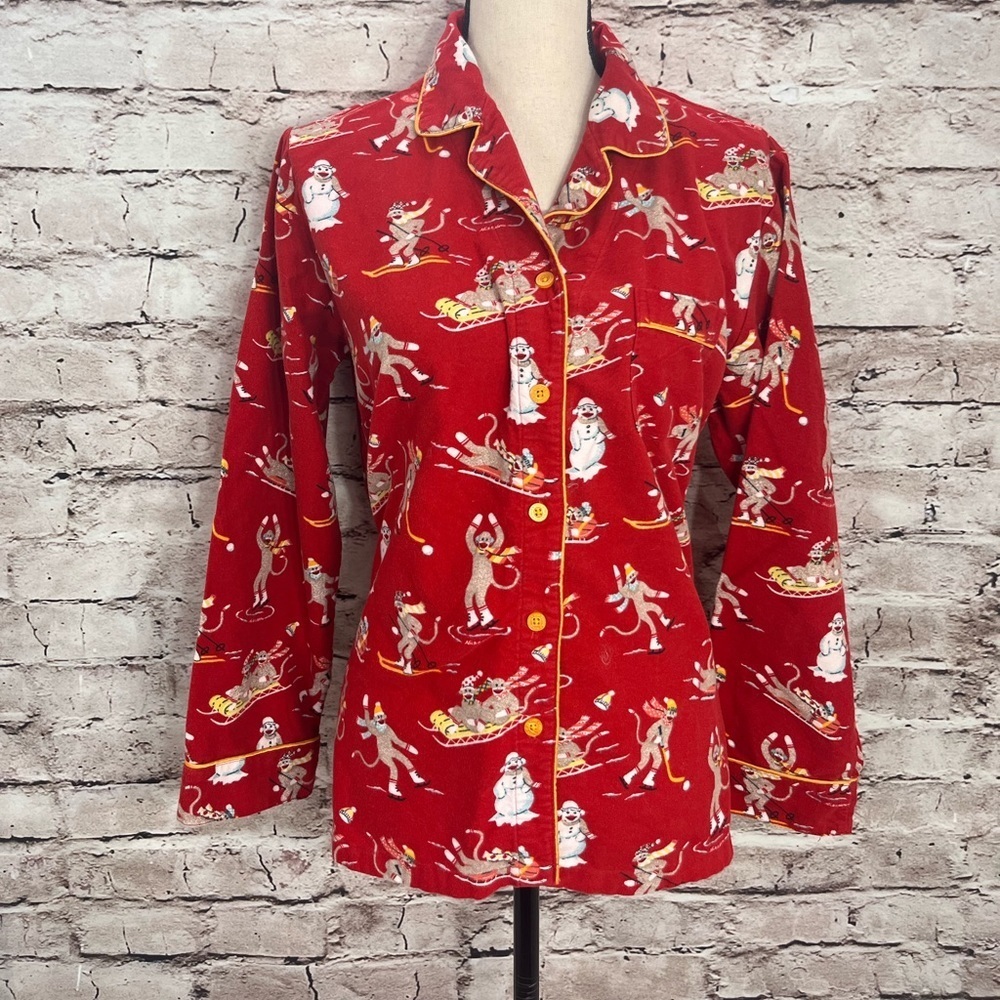 Nick & Nora Sleepwear Red Cotton Flannel Sock Monkeys Pajama Top Size Me…